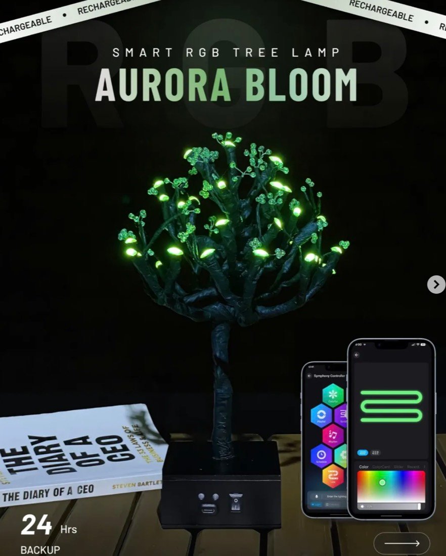 Aurora Bloom smart RGB tree lamp glowing green